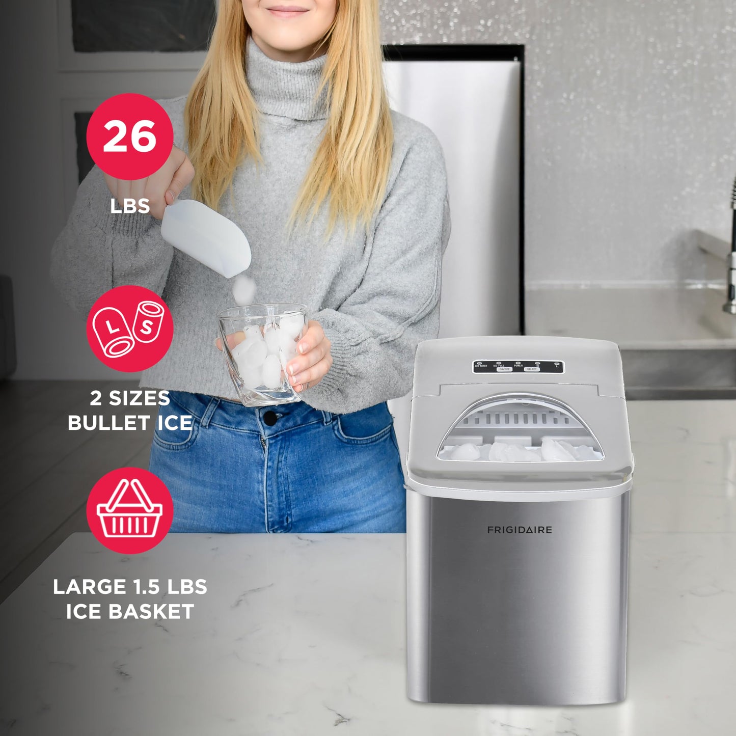 Frigidaire 26‑lb/Day Stainless Portable Ice Maker - DAILY AMPED