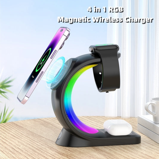 "4-in-1 Magnetic Wireless Charger Station with Atmosphere Light – Fast Charging Dock for iPhone, Apple Watch & AirPods Pro"