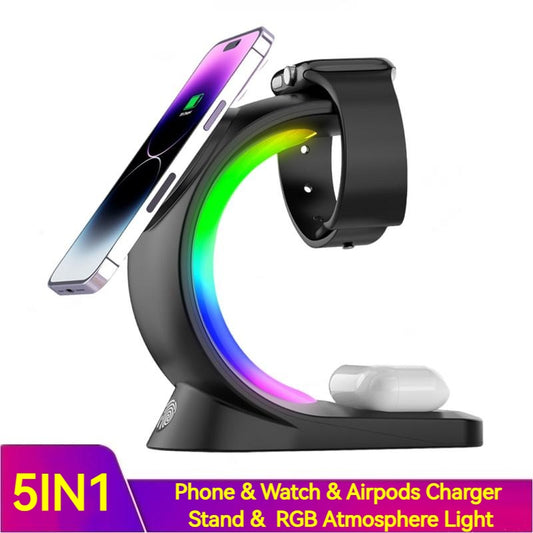 "4-in-1 Magnetic Wireless Charger Station with Atmosphere Light – Fast Charging Dock for iPhone, Apple Watch & AirPods Pro"